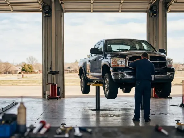 Independent auto repair shop mechanic working on a pickup truck in an Oklahoma City garage bay