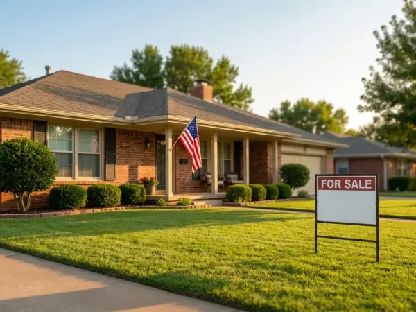 For-sale sign in front of a well-maintained brick suburban home in an Oklahoma City neighborhood on a clear day
