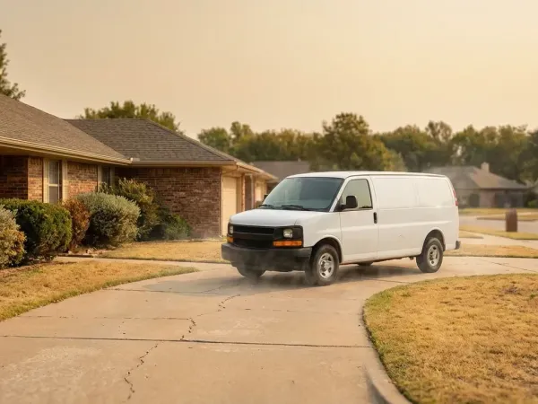 Professional HVAC technician servicing a residential AC unit outside a brick home in an Oklahoma City suburban neighborhood