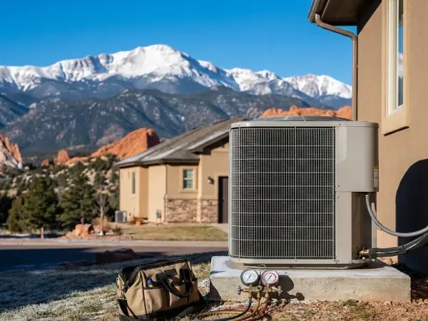 Professional HVAC technician servicing a furnace in a Colorado Springs home with Pikes Peak visible through the window