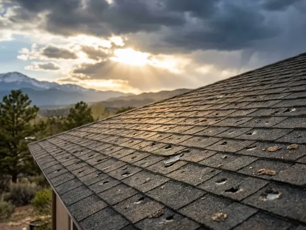 Roofing crew inspecting hail-damaged shingles on a residential home in Colorado Springs