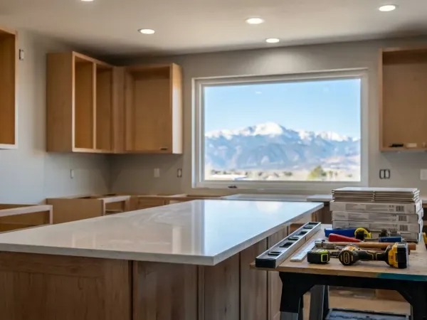 Construction contractor reviewing blueprints at a home remodeling project in Colorado Springs
