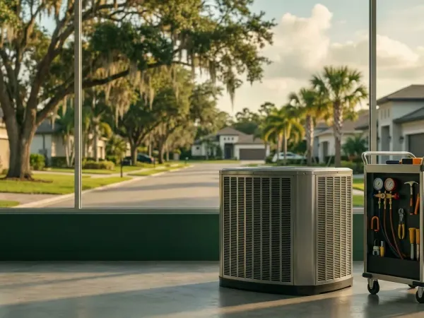 Professional HVAC technician servicing an air conditioning unit at a Tampa Bay area home