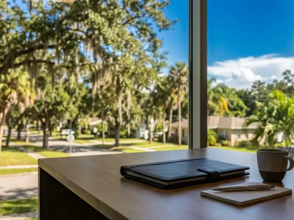 Professional attorney consulting with a client in a modern Tampa law office