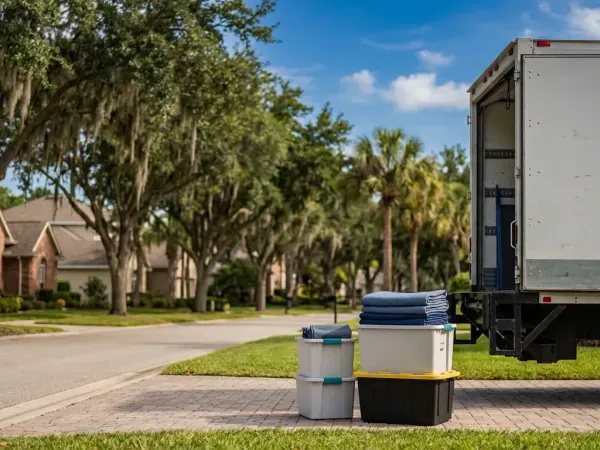 Professional movers loading furniture into a truck at a Tampa Bay area residence