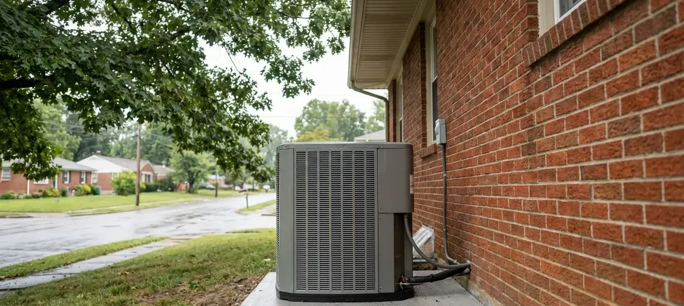 New high-efficiency HVAC unit installed beside a Louisville brick bungalow under soft Ohio River valley overcast sky