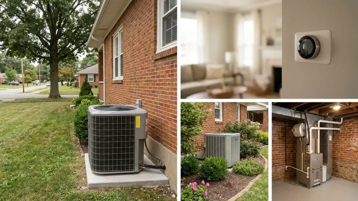New high-efficiency HVAC unit installed beside a Louisville brick bungalow under soft Ohio River valley overcast sky