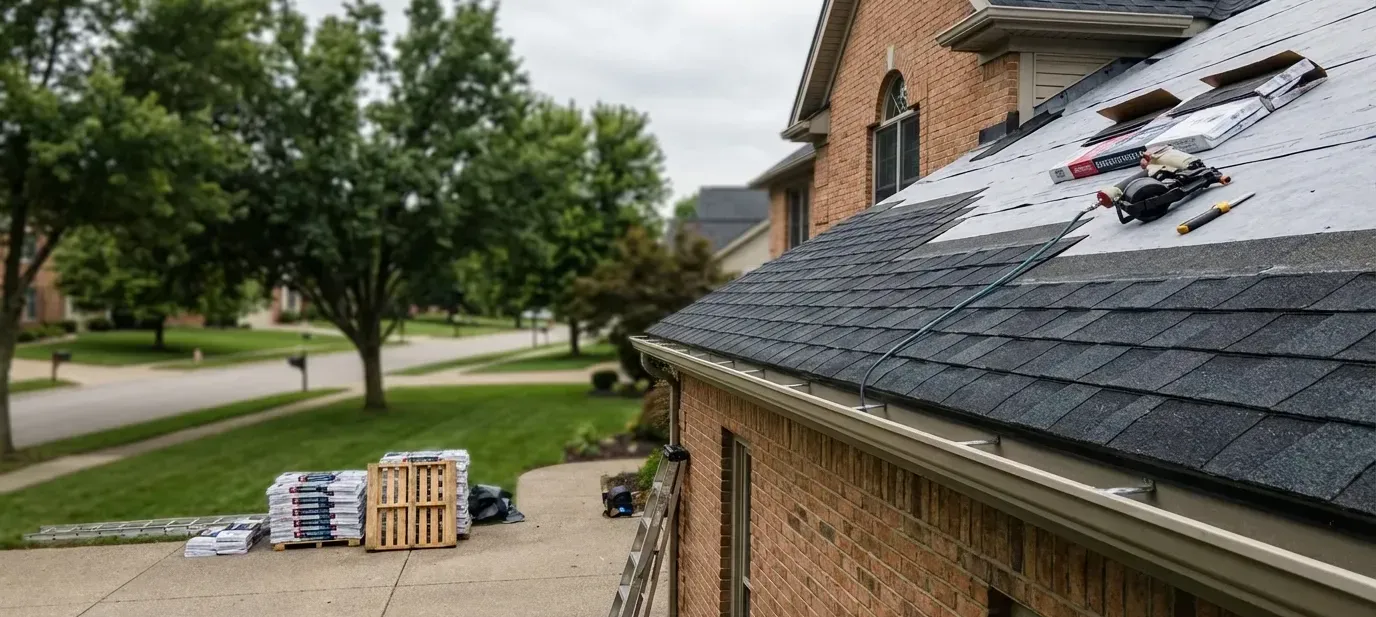 Roofing crew installing architectural shingles on a Louisville-area home under soft Ohio River valley overcast sky