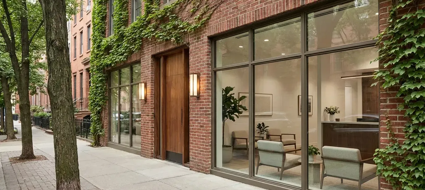 Modern Louisville dental practice entrance in a converted brick building with warm lighting and tree-lined Highlands street