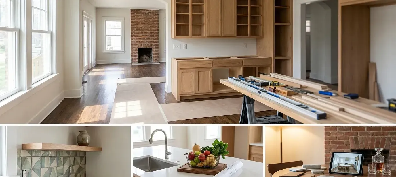 Kitchen renovation in a Louisville Highlands craftsman bungalow with original hardwood floors and new white shaker cabinetry