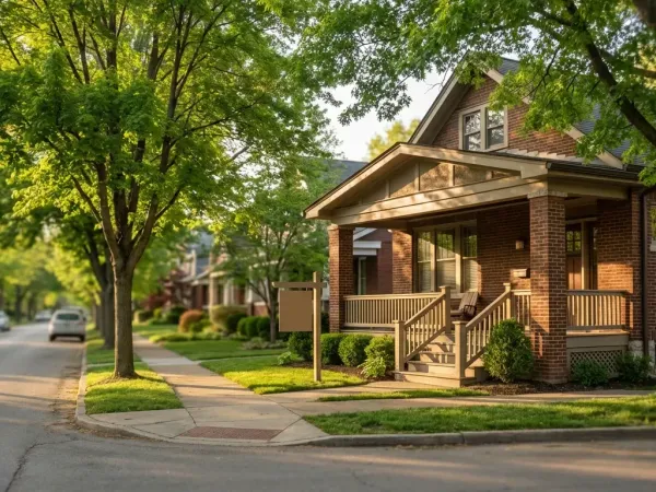Classic Louisville Highlands shotgun house with brick facade and covered porch under warm Kentucky afternoon light
