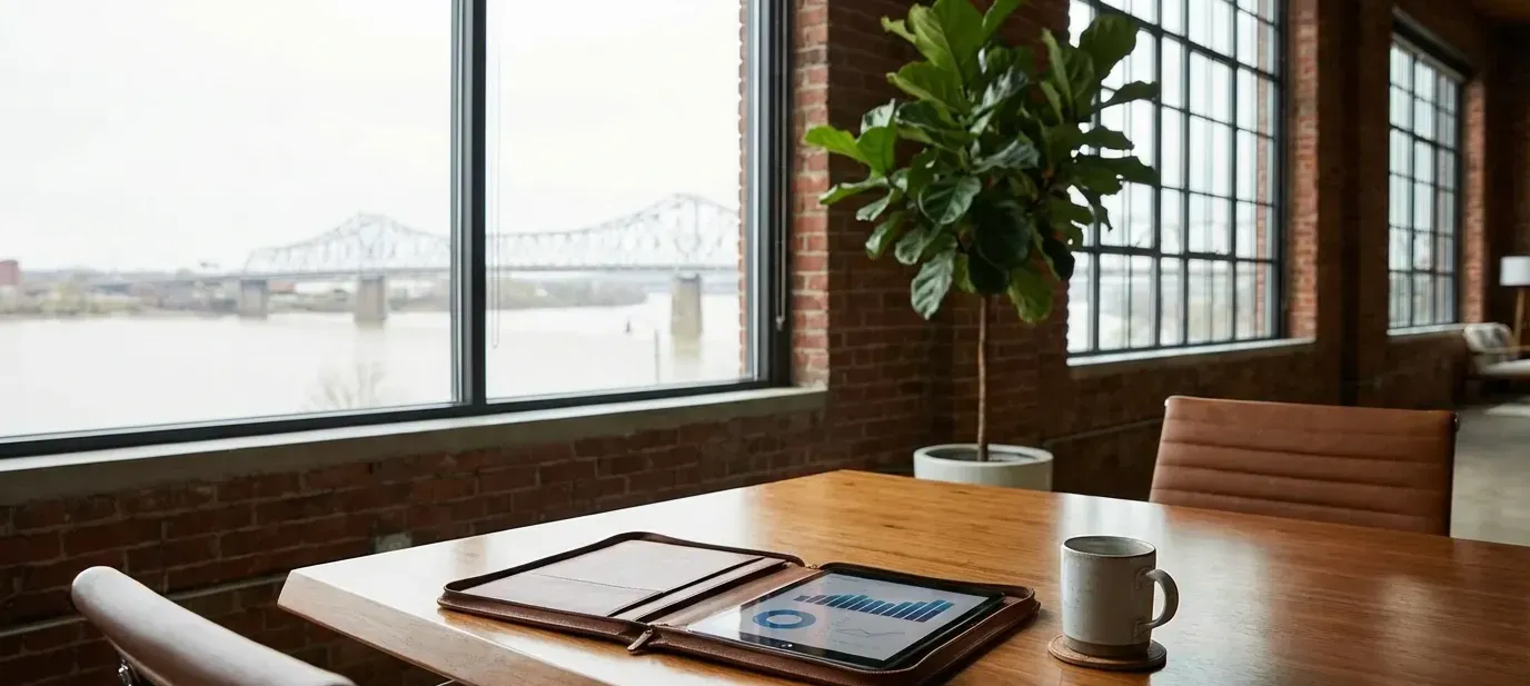 Louisville financial advisory office in a converted brick building with Ohio River view and warm interior lighting