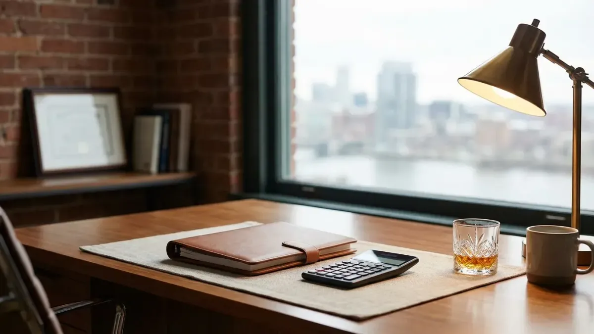 Louisville financial advisory office in a converted brick building with Ohio River view and warm interior lighting