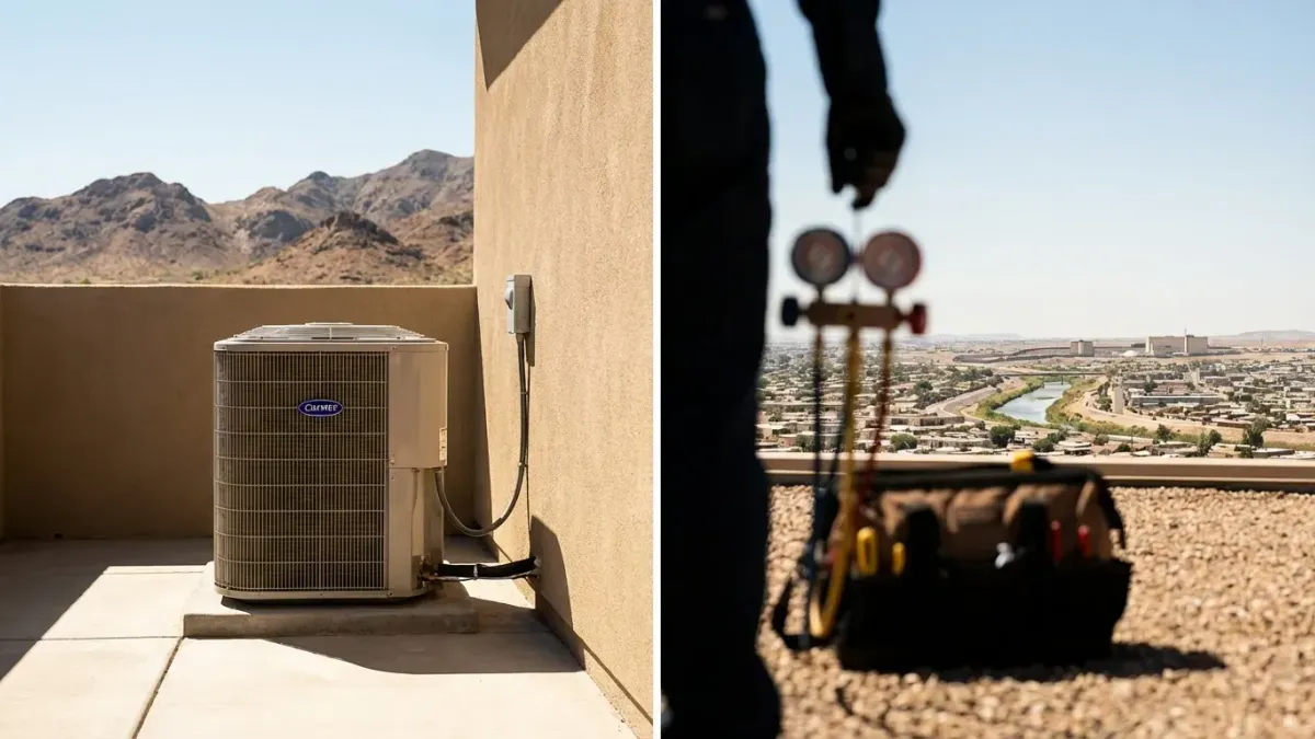 Professional HVAC technician servicing a condenser unit beside a stucco home in El Paso, TX, with the Franklin Mountains visible in the background
