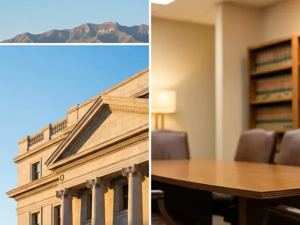 Professional immigration attorney in a modern El Paso law office reviewing case documents with the Franklin Mountains visible through the window