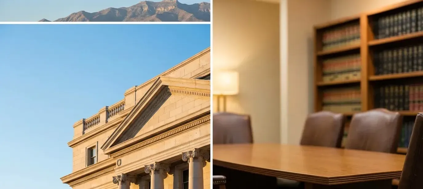 Professional immigration attorney in a modern El Paso law office reviewing case documents with the Franklin Mountains visible through the window