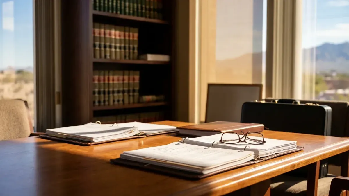 Professional immigration attorney in a modern El Paso law office reviewing case documents with the Franklin Mountains visible through the window