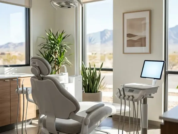 Modern dental practice interior in El Paso, TX with bilingual signage and a view of the Franklin Mountains through the window