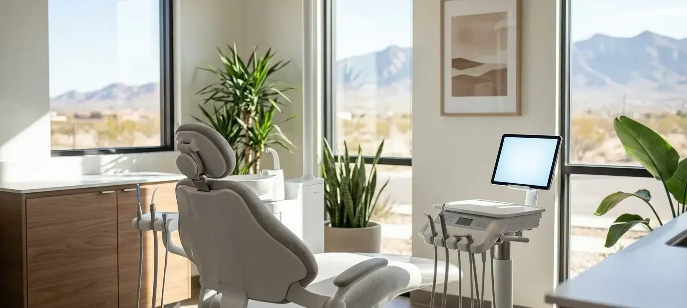 Modern dental practice interior in El Paso, TX with bilingual signage and a view of the Franklin Mountains through the window