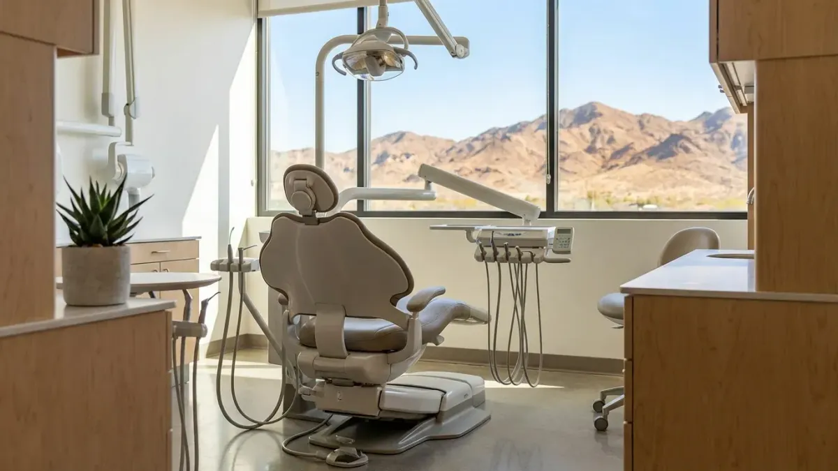 Modern dental practice interior in El Paso, TX with bilingual signage and a view of the Franklin Mountains through the window