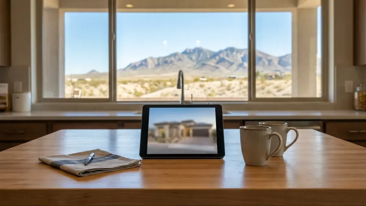 Real estate agent showing a single-family home in Northeast El Paso with Franklin Mountains visible in the background