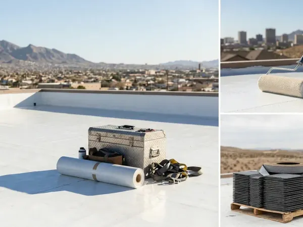 Roofing contractor inspecting a flat roof in El Paso, TX with the Franklin Mountains in the background under a bright desert sky