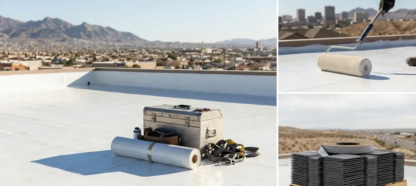 Roofing contractor inspecting a flat roof in El Paso, TX with the Franklin Mountains in the background under a bright desert sky