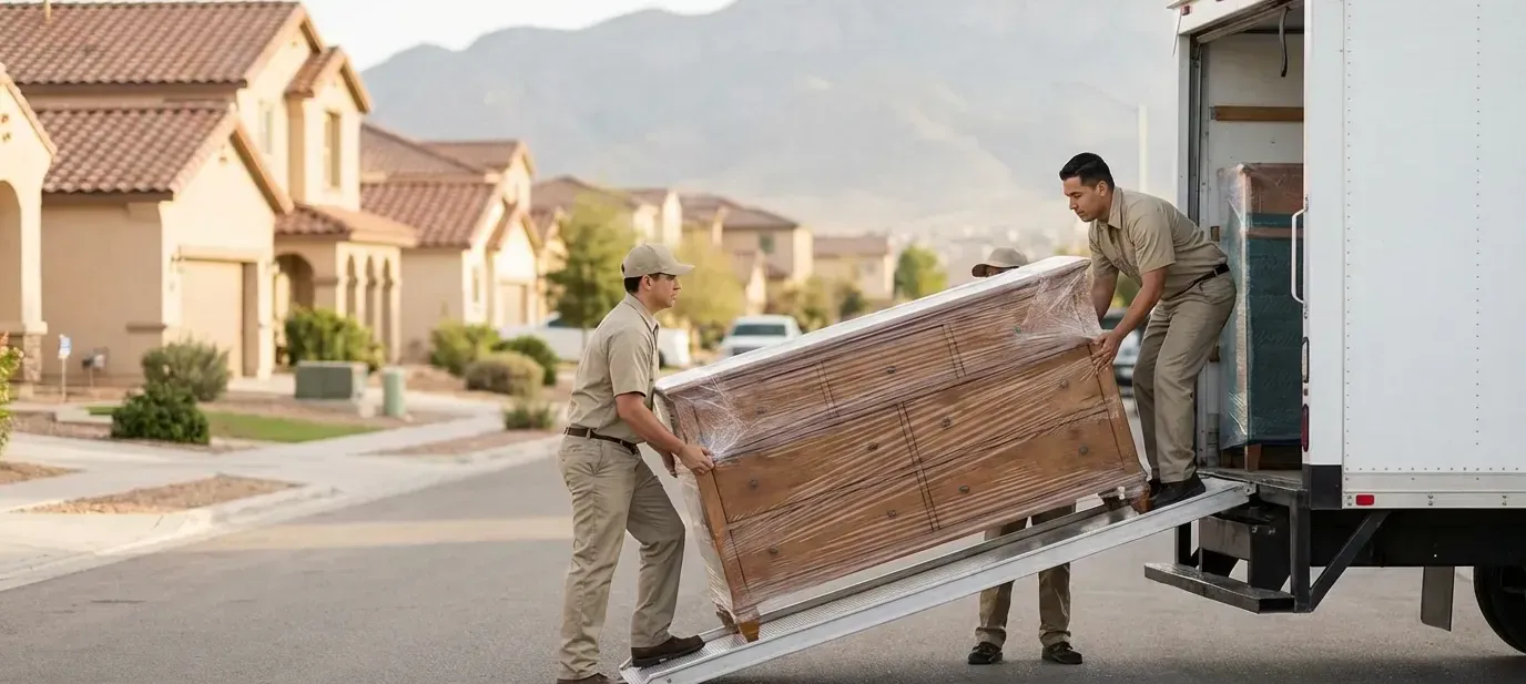 Moving truck being loaded by crew in front of a single-family home in El Paso, TX with Fort Bliss mountain backdrop visible