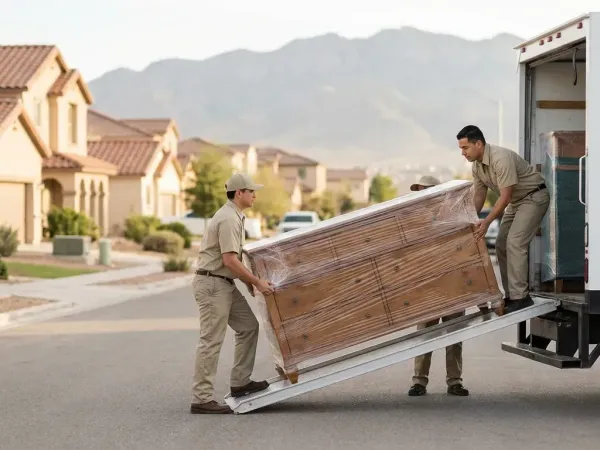 Moving truck being loaded by crew in front of a single-family home in El Paso, TX with Fort Bliss mountain backdrop visible