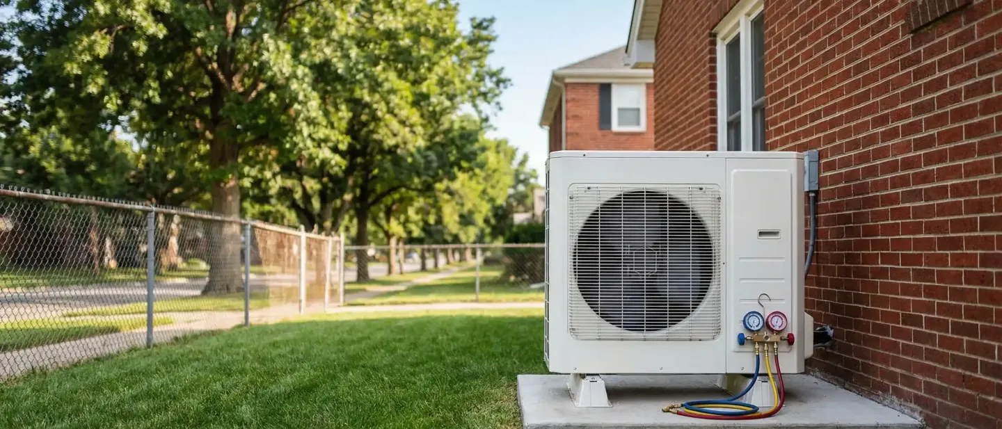 Professional HVAC technician servicing a residential condenser unit beside a brick colonial home in Omaha, NE