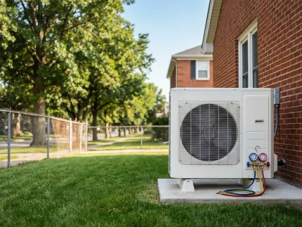 Professional HVAC technician servicing a residential condenser unit beside a brick colonial home in Omaha, NE