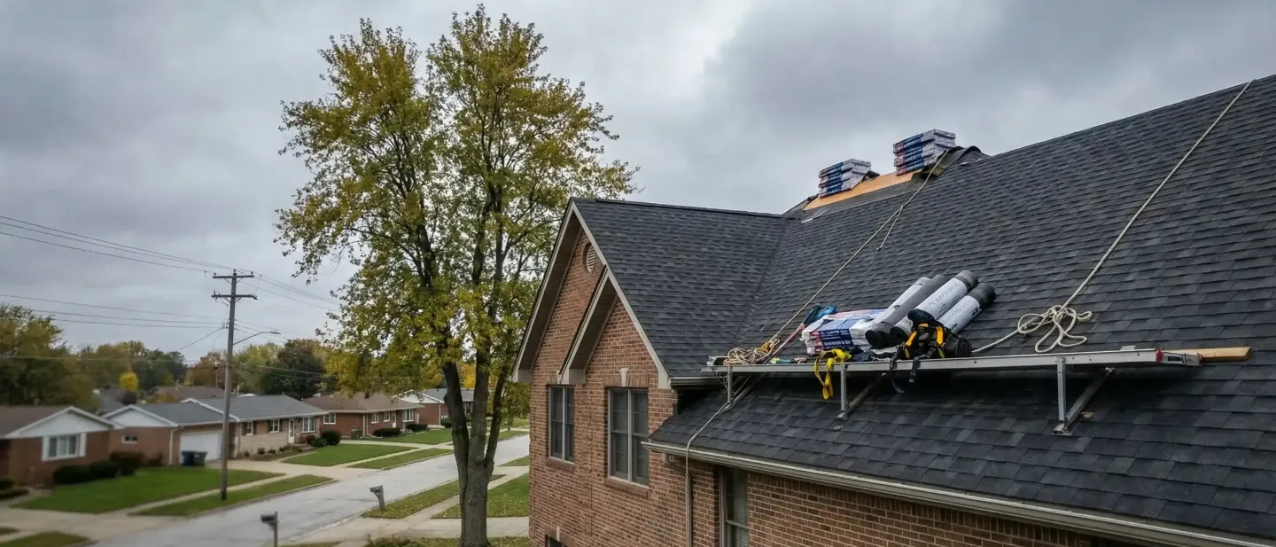 Professional roofing crew in safety gear inspecting a storm-damaged shingled roof on a suburban Omaha home under overcast Nebraska sky