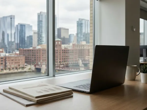 Financial advisor reviewing retirement planning charts with clients in modern Omaha office with city skyline view