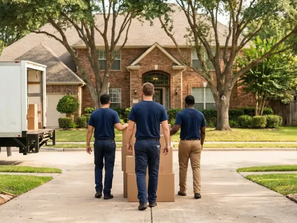 Professional moving crew in branded shirts loading furniture into a truck outside a suburban Omaha home on a sunny day