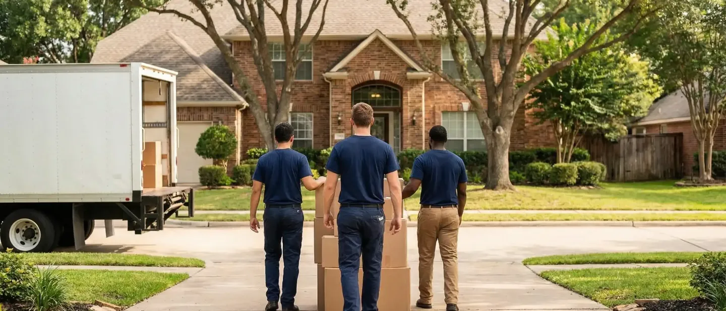 Professional moving crew in branded shirts loading furniture into a truck outside a suburban Omaha home on a sunny day