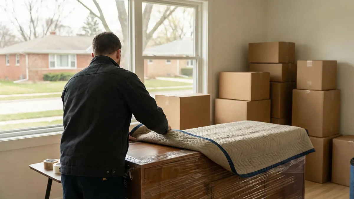 Professional moving crew in branded shirts loading furniture into a truck outside a suburban Omaha home on a sunny day