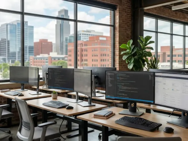 Modern Omaha technology office with IT professionals at standing desks reviewing code and system dashboards