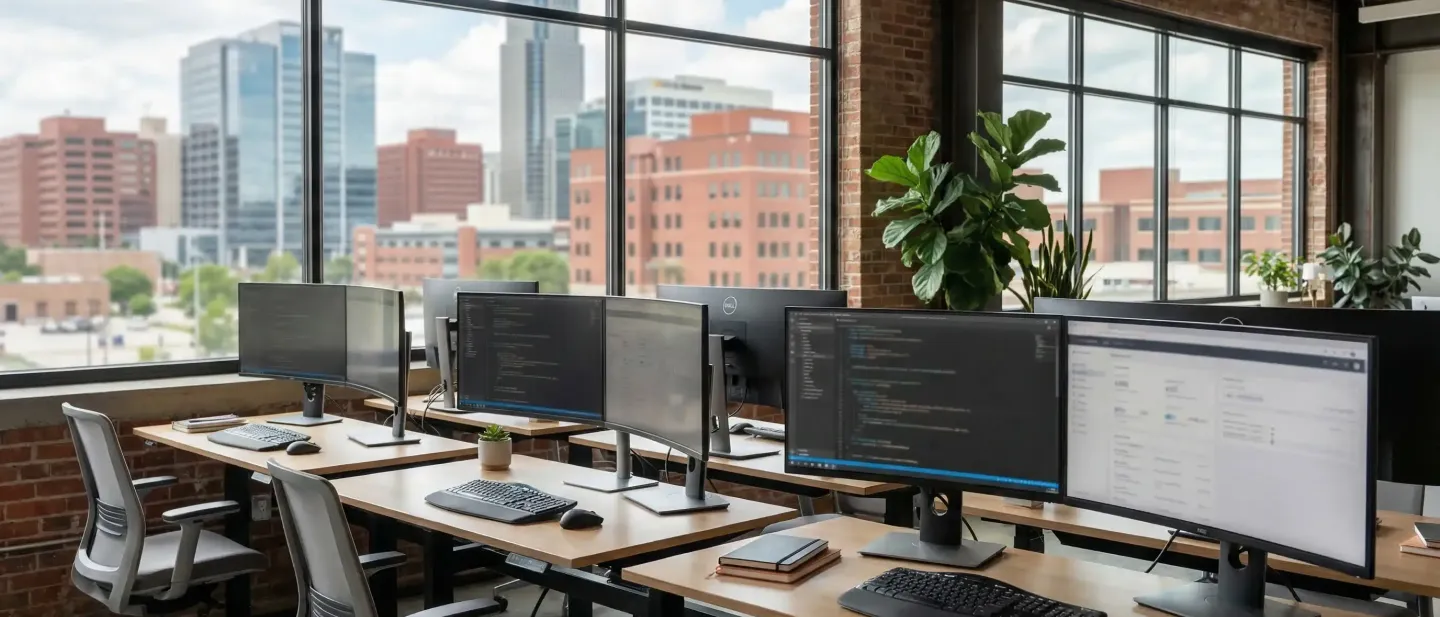 Modern Omaha technology office with IT professionals at standing desks reviewing code and system dashboards