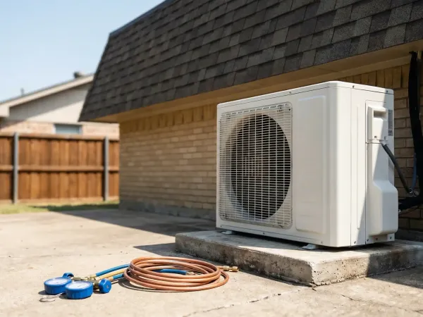 Professional HVAC technician servicing a residential air conditioning system on a suburban home in Arlington, TX