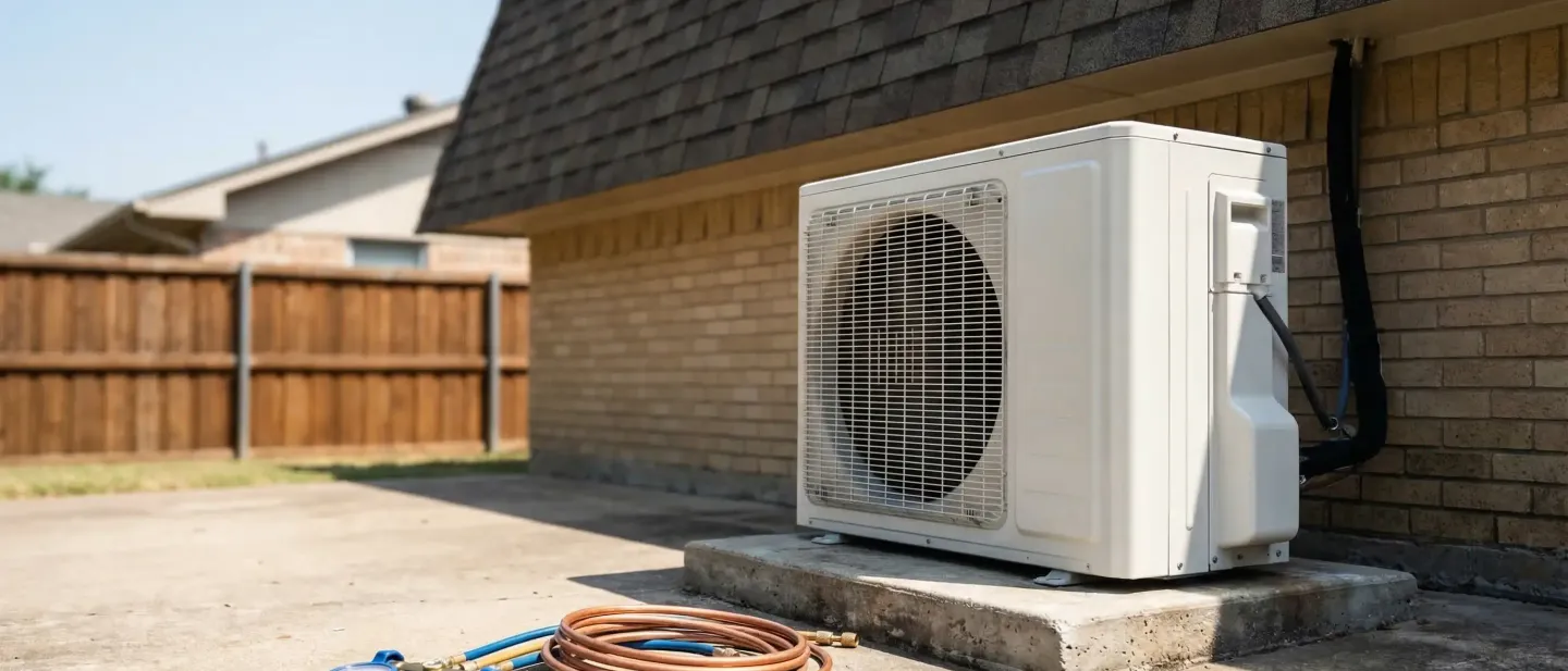 Professional HVAC technician servicing a residential air conditioning system on a suburban home in Arlington, TX