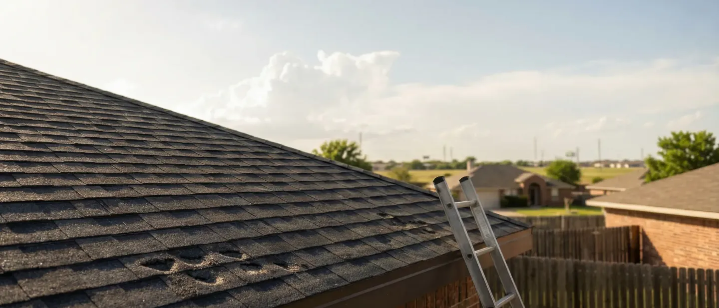 Professional roofing contractor inspecting hail damage on a residential roof in a suburban Arlington, TX neighborhood