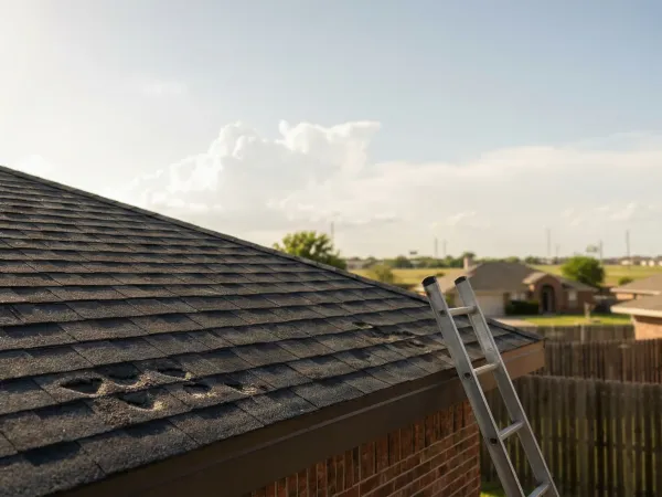 Professional roofing contractor inspecting hail damage on a residential roof in a suburban Arlington, TX neighborhood