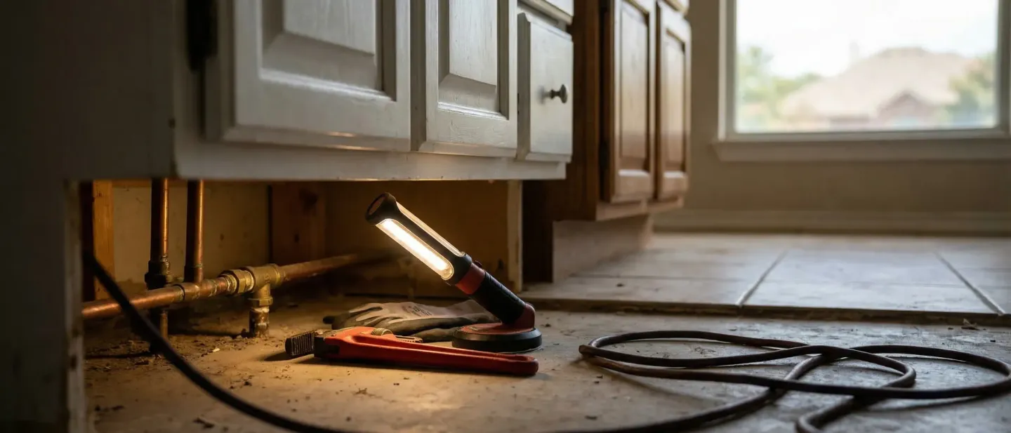 Professional plumber servicing a slab foundation plumbing system in a residential home in Arlington, TX