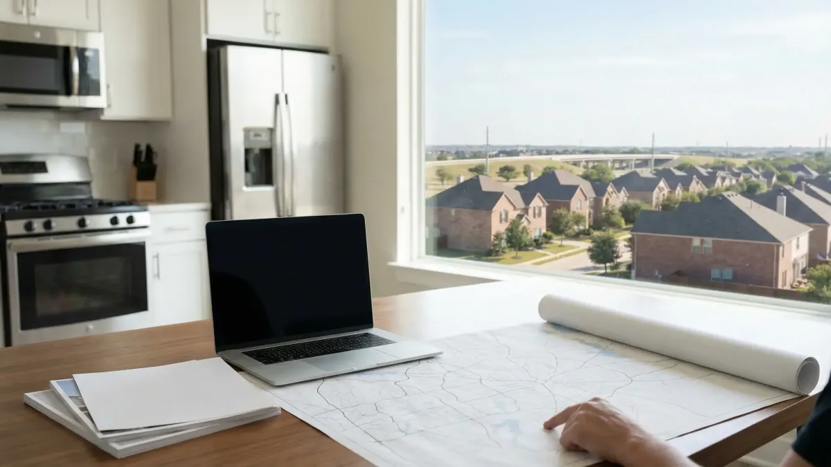 Professional real estate agent reviewing Arlington TX neighborhood listings with clients in a modern home office setting