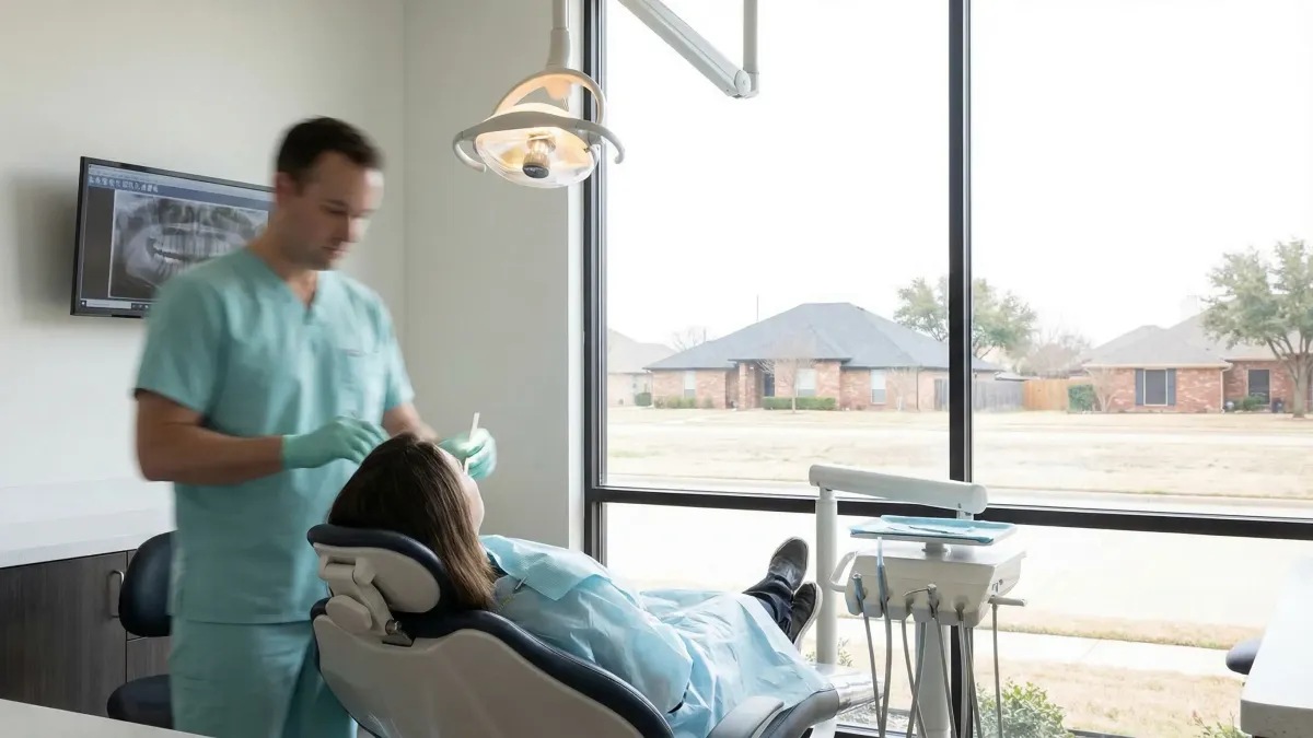 Dentist reviewing treatment plan with a patient in a modern Arlington TX dental practice operatory
