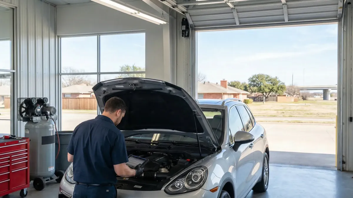Independent auto mechanic inspecting a full-size SUV on a lift inside a professional Arlington TX auto repair shop
