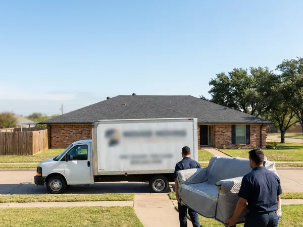 Professional moving crew carefully loading furniture into a branded moving truck outside a brick home in Arlington TX