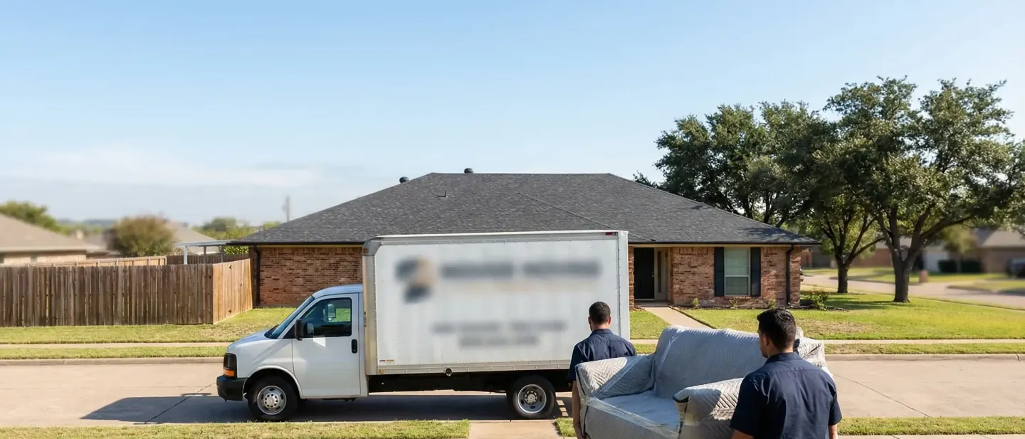 Professional moving crew carefully loading furniture into a branded moving truck outside a brick home in Arlington TX