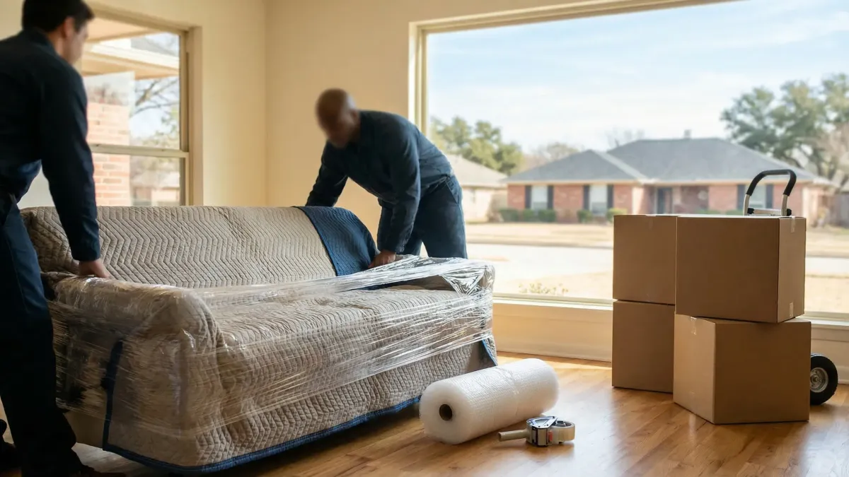 Professional moving crew carefully loading furniture into a branded moving truck outside a brick home in Arlington TX