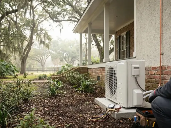 Professional HVAC technician servicing a split-system air conditioner outside a residential home in Baton Rouge, LA